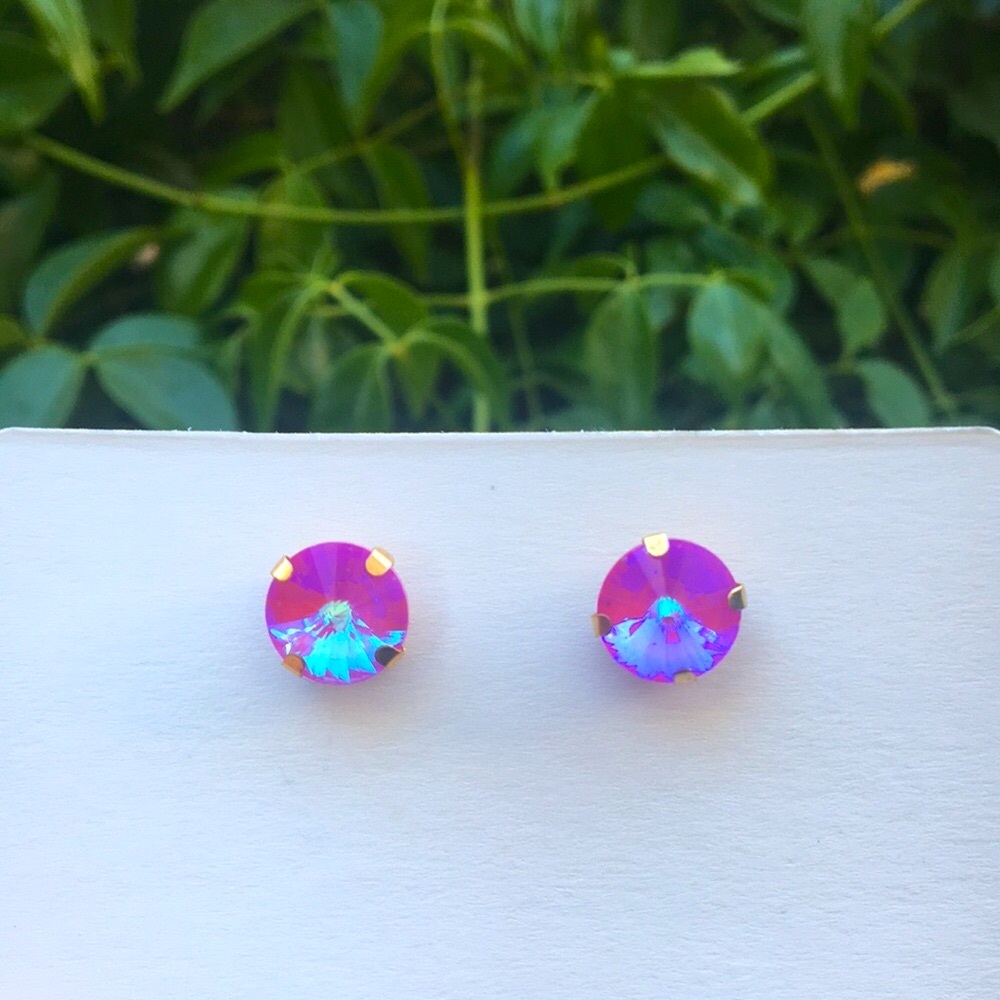 Fuchsia Hot Pink Aurora Borealis + Gold Rivoli Crystal Earrings - Picture 1 of 13